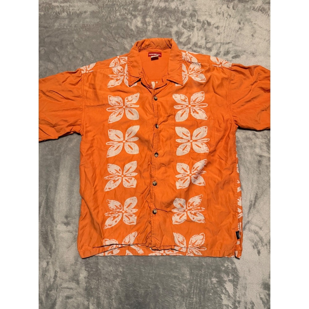 Unionbay Button Up Shirt Mens Large Orange Floral Aloha Hawaiian Rayon Blend